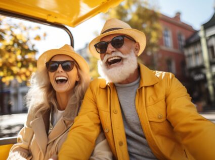 Happy couple on golf cart