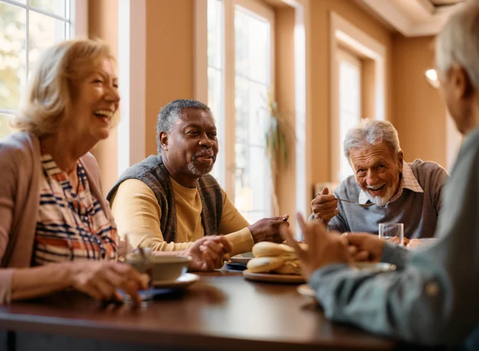 Senior friends eating lunch at a SALMON Dine and Discover event