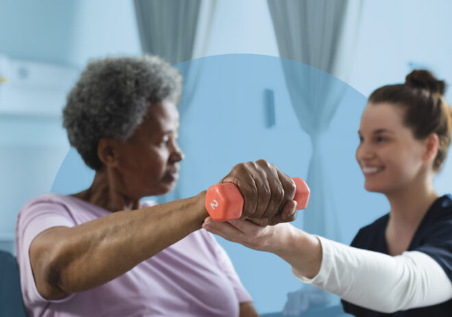 Image with Background Overlay diverse senior female patient exercising with weight female doctor advising hospital room