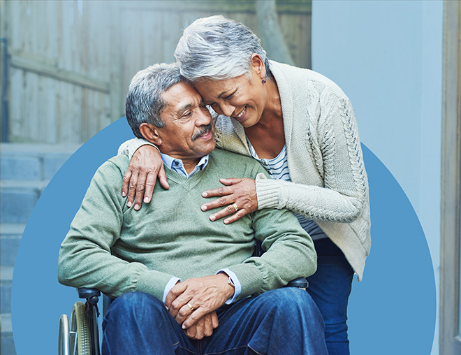 support wheelchair senior couple hug with care smile love by elderly happy people retirement old man rehabilitation person with disability woman helping empathy marriage