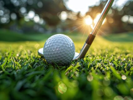 serene sunset golf game on lush green grass