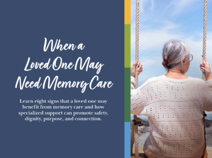 When a Loved One May Need Memory Care Blog Post Thumbnail with photo of older woman on a swing faced away from the camera