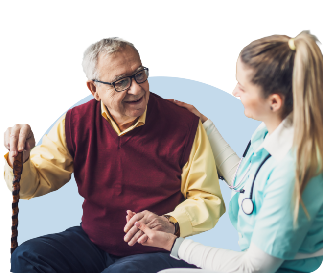 caregiver assisting smiling senior man