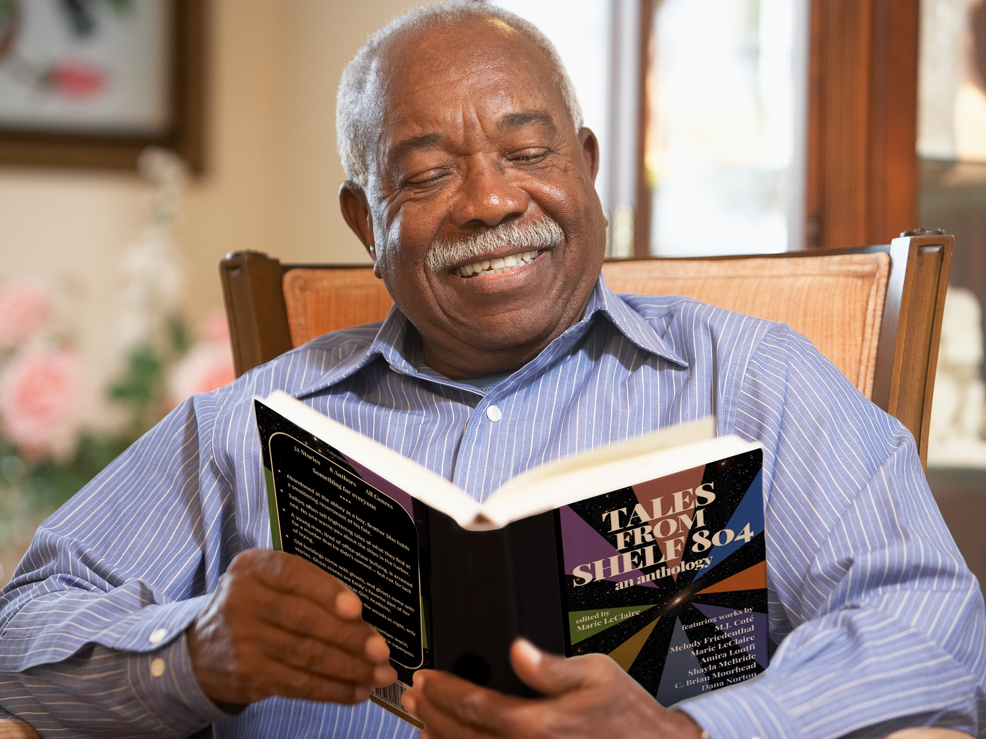 Senior man at the Book Club reading "Tales From Shelf 804"