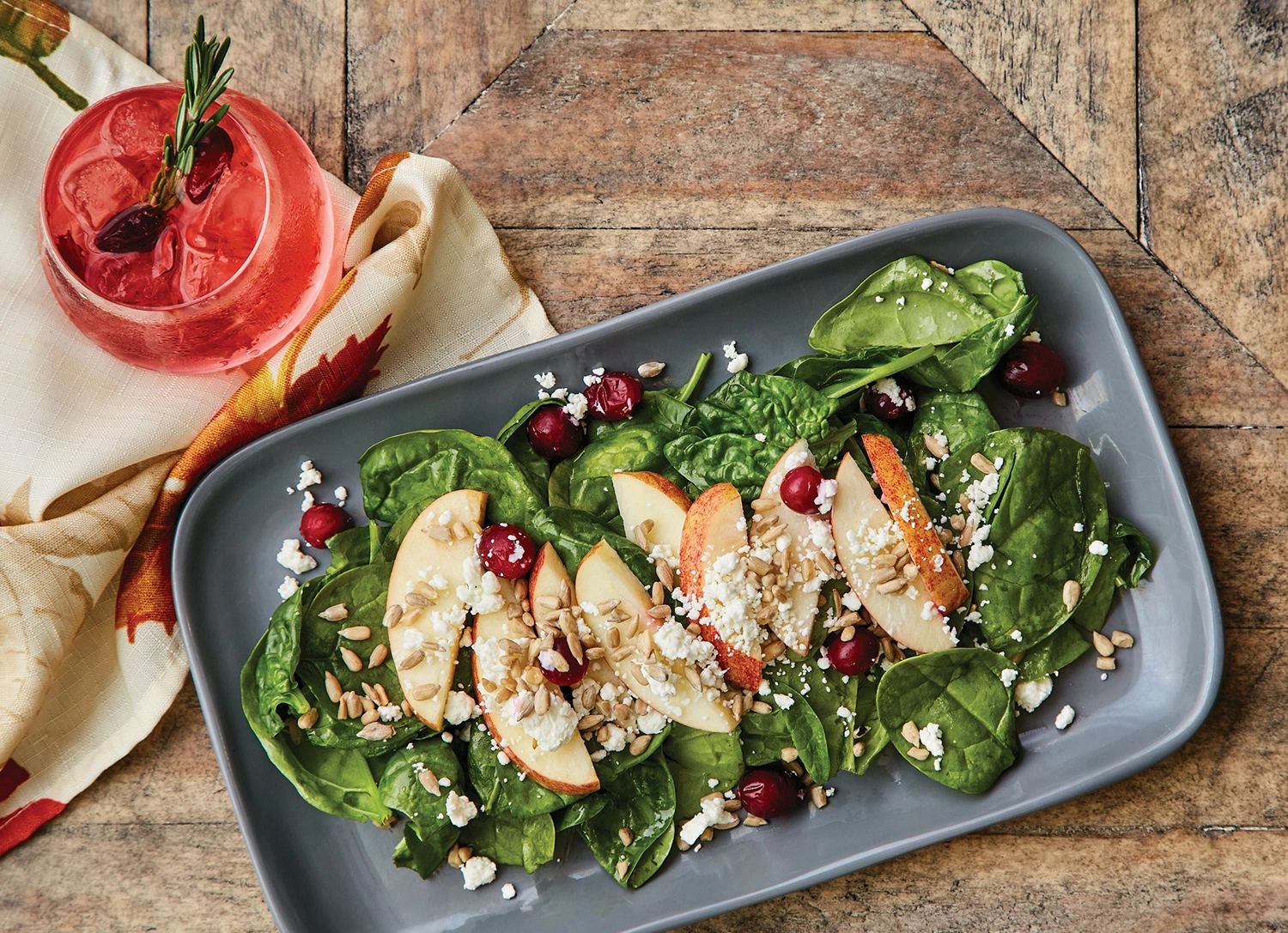 Apple, spinach, cranberry, amound and goat cheese salad