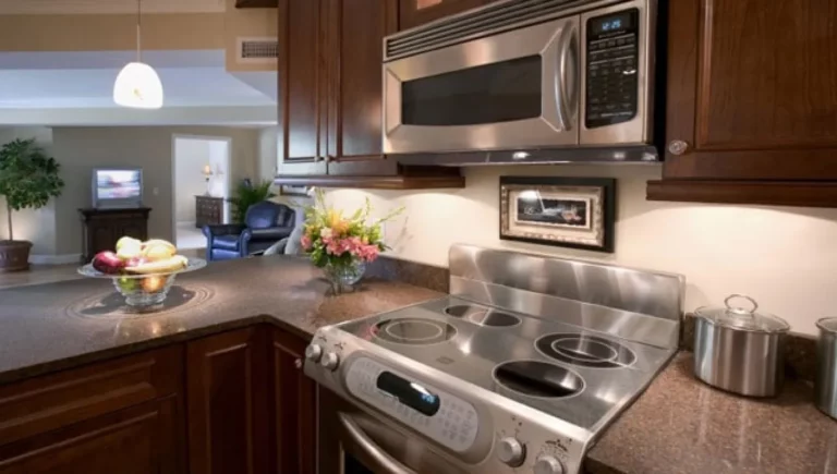SALMON at Westborough The Willows resident's kitchen with a stainless steel stove and microwave